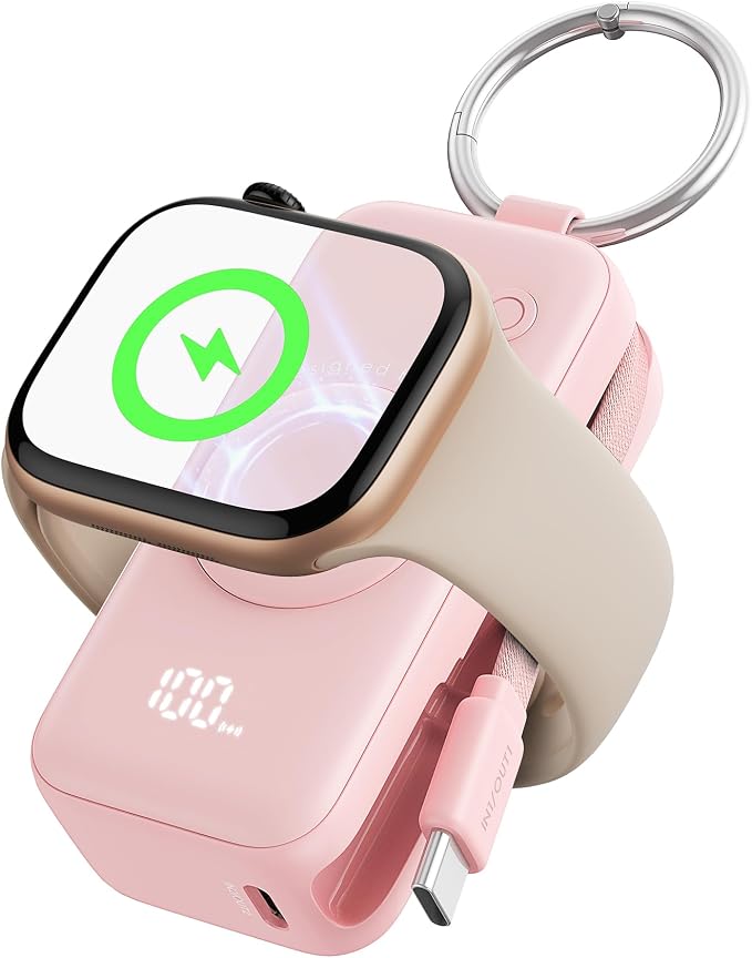 INIU 20W SnapGo Portable Charger, 5000mAh Mini Power Bank for Apple Watch | 20W Fast Charging, Travel Keychain, Built-in USB-C Cable, Flight-Safe, Battery Pack for Apple Watch, iPhone 17 etc, Pink by INIU