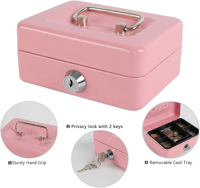 xydled Locking Steel Mini Cash Box with Removable Coin Tray and Key Lock for Kids, 4.92" x 3.74" x 2.36",Pink | Steel Cash Box with Key Lock, Removable Tray & Carry Handle, for Office, Retail, Home, and Money Storage, 4.9" x 3.7" x 2.4" - Image 6