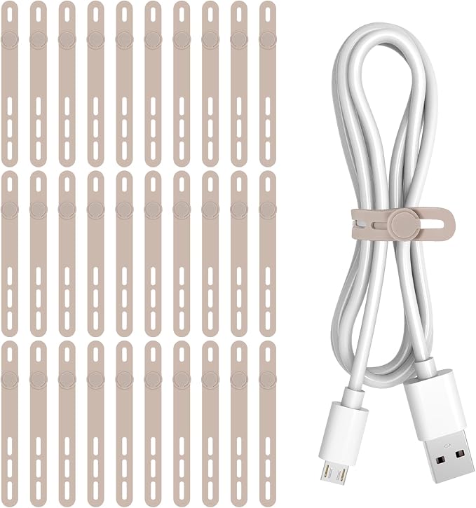 Donruby 30Pcs Silicone Cable Ties - Reusable & Washable with Adjustable Locking Buckles, High Elasticity Cable Management Straps for Home, Office, School, Travel Essential Cord Organizer (Khaki) by Donruby