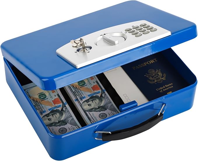 KYODOLED Blue Safe Box with Digital Keypad Lock, Lock Box with Code for Personal Items, Metal Security Box for Cash, Passport, Jewelry, Ideal for Home, Office, Garage Sale, 11.8'' x 9.4'' x 3.5'' by KYODOLED