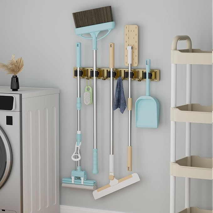 reliahom Broom Holder Wall Mount Mop Hanger Tools organizer 5Racks 4Hooks | Adjustable Mop Broom Wall Hanging Heavy duty Tools Storage Rack Space-saving for Garage,Kitchen,Laundry Room,Garden, Bronze - Image 5