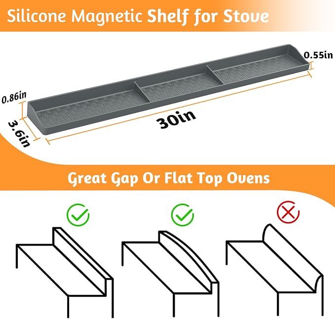 Magnetic Stove Shelf for Back of Stove, 30 Inch Silicone Stove Top Spice Rack for Kitchen Organization, Heat Resistant Over the Stove Shelf with 6 Powerful Magnets, Fits Flat & Curved Stoves- Grey - Image 2