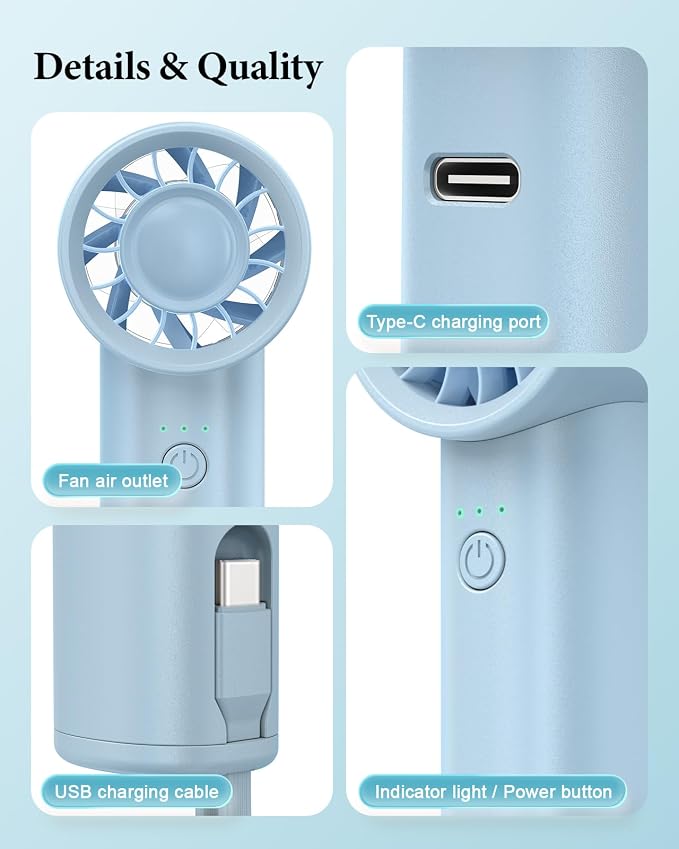 Portable Fan with Power Bank & Flashlight-Blue | 6.5H Max Cooling,USB-C Rechargeable,Mini Fan for Outdoor/Travel/Beach/Concerts/Summer.Gifts for Girl,Women. - Image 7