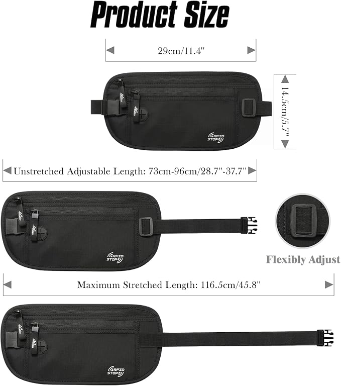 MoKo Travel Money Belt, Hidden RFID Blocking Passport Wallet, Black | Slim money belt has three pockets, breathable backing, water-resistant nylon, and an adjustable 28-50 in waist strap - Image 6
