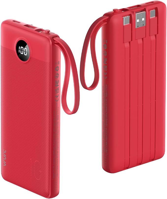 VRURC Portable Charger, Built in 4 Cables & Lanyard Power Bank 10000mAh | Compact USB C Charging Bank 5 Outputs for Multi Devices,Travel Essential for Hiking Camping Business Cruise Ship-Red(1 Pack) by Home