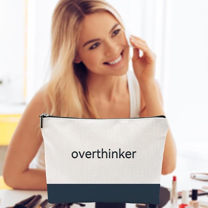 Funny Makeup Bag for Women - overthinker Relatable Quote Pouch - Minimalist Navy Blue Color Block Canvas Cosmetic Organizer - Unique Gift for Best Friend, Introverts & Mental Health Awareness - Image 5