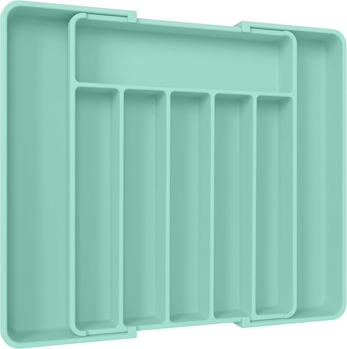 Aujen Silverware Drawer Organizer, Adjustable Utensil Cutlery Tray | Expandable Kitchen Organizer for Forks Knives, Multipurpose Kitchen Storage, Apartment Essentials, Green, Large by AUJEN