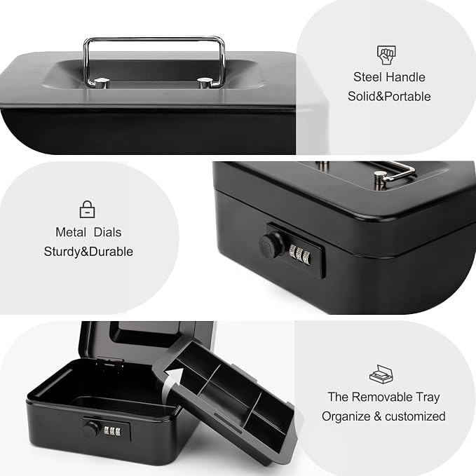Jssmst Cash Box with Money Tray and Combination Lock - Secure Medication Lock Box for Home and Office Use, 7.87'' x 6.3'' x 3.54'' - Durable and Reliable Security Solution - Image 6