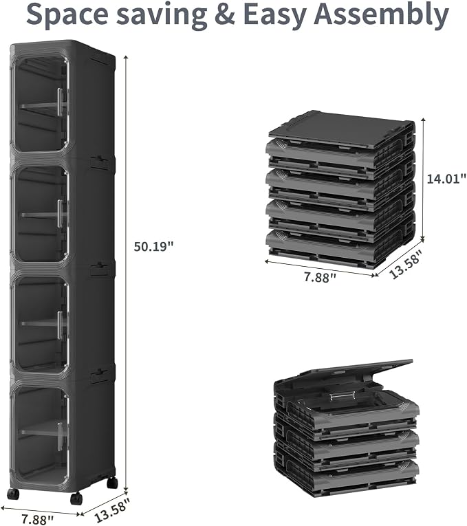 4 Tier Slim Bathroom Storage Cabinet, Foldable and Movable, Black | Tools Free, ABS and PET, Magnetic Clear Door, Adjustable Shelves, Lockable Wheels, Water Resistant, For Narrow Space - Image 2
