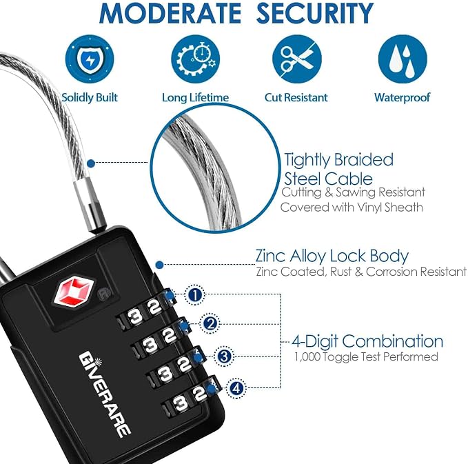 2 Pack TSA Approved Travel Luggage Locks 4-Digit, Metal Cable Suitcase Combination Lock, Alloy Keyless Zipper Padlocks, TSA Accepted Compatible Padlock for Gym Locker, Golf Bag Case, Anti Theft-Black - Image 3