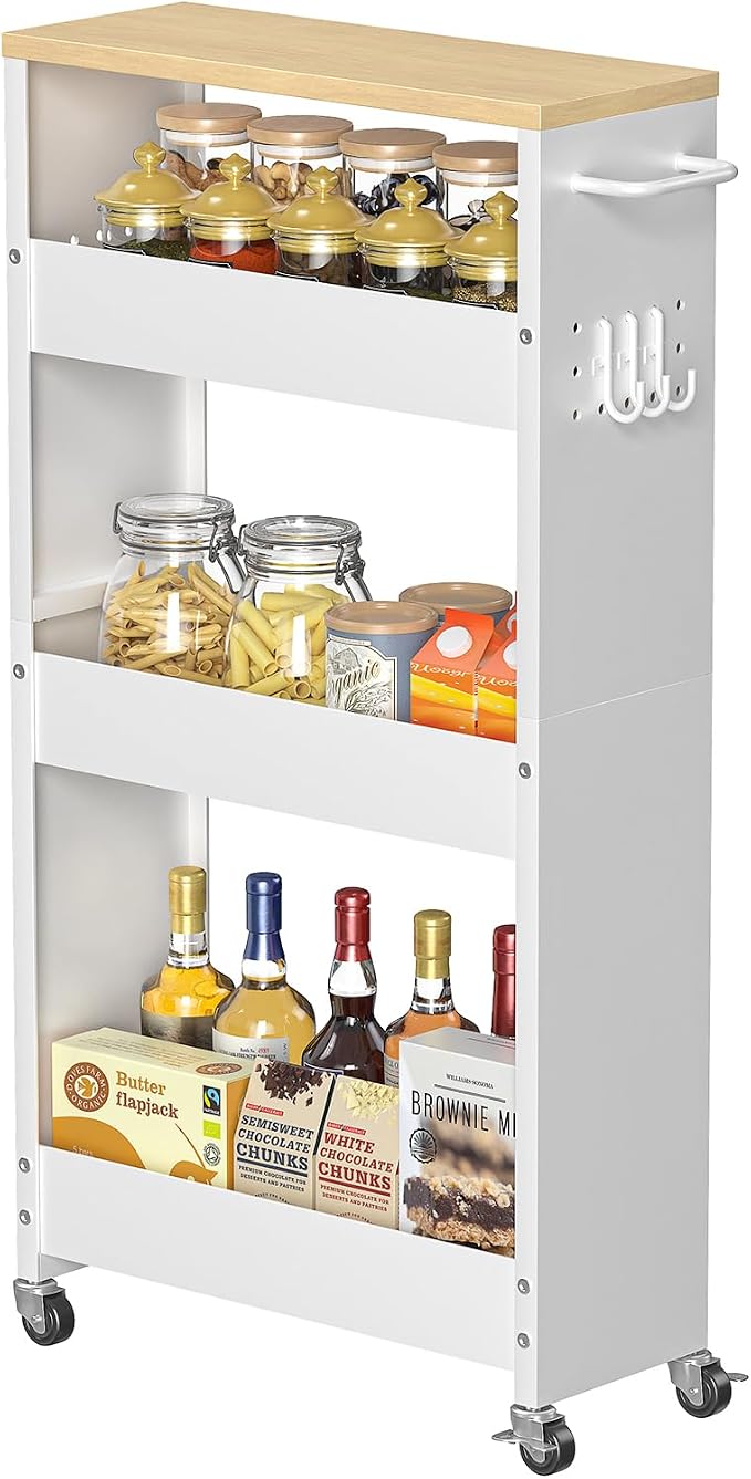 CHLORYARD Slim Storage Cart, 4-Tier Kitchen Rolling Cart Narrow Storage Cabinet with Handle & Wheels, Metal Rolling Shelf Unit for Kitchen Bathroom Laundry Small Places (5.9IN White/Natural) by CHLORYARD