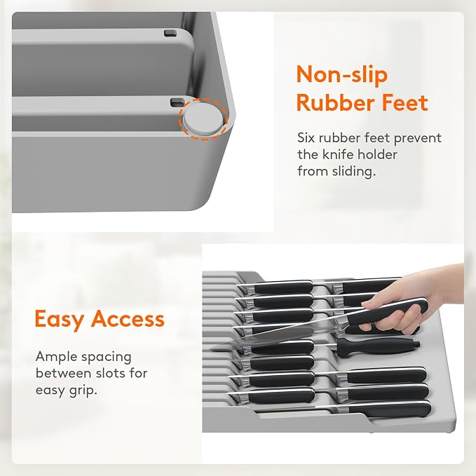 Lifewit Magnetic Drawer Knife Organizers Insert Pastic for 16 Knives, Gray | Kitchen Plastic In Drawer Knife Block Slots, Steak Chefs Knives Holder Storage for 16 Knives and 1 Sharpening Steel 16.5" - Image 6