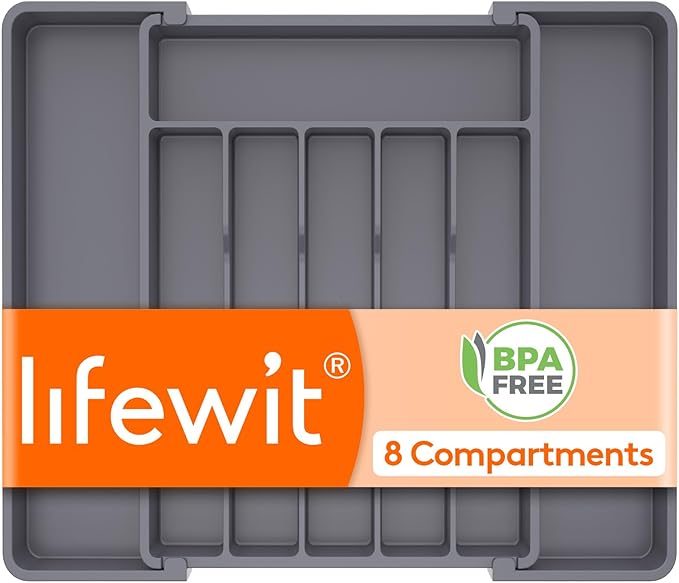 Lifewit Expandable Silverware Drawer Organizer, Kitchen Utensil Tray | BPA-free Plastic Flatware Cutlery Holder, Space-Saving Storage for Spoons Forks Knives, 11-18 x 14 x 1.5“, Dark Gray by Lifewit