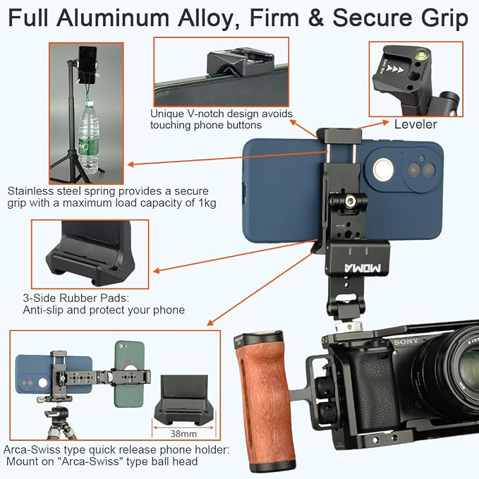 Aluminum Phone Tripod Mount Adapter with Cold Shoe and 1/4” Threaded Holes, 360° Rotation 230° Tilt Camera Phone Holder Mount for iphone Camera Monitoring Gimbals Stabilizers Tripods Phone Holder - Image 6