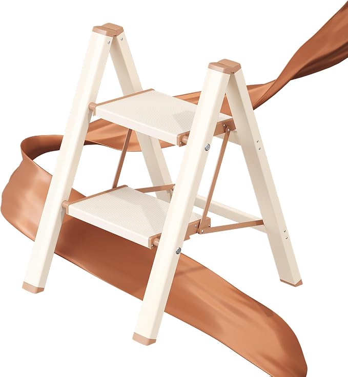 2 Step Ladder, Foldable Aluminum Step Stool with Anti-Slip Pedal | Lightweight yet Sturdy, Portable, Non Slip Feet, 300Lbs Capacity, Elegant Look, for Kitchen, Closet, Pantry, Cream Chocolate by GameGem