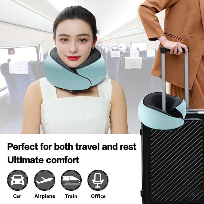 Travel Neck Pillow | Memory Foam Neck Pillow, New Portable U-Shaped Pillow with Neck Support, Washable Cover, Compact for Plane, Office, Bus, Train, Sofa, Nap–Includes Storage Bag - Cyan - Image 5