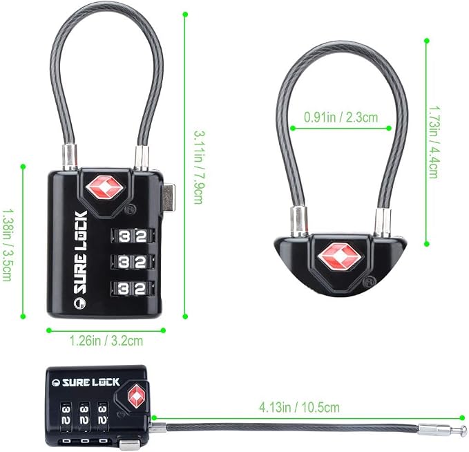 SURE LOCK TSA Approved Luggage Locks with Open Alert Indicator, 3 Digit Combination Cable Travel Lock for Suitcase, Backpack, Gym Locker, Toolbox & Travel Bag(Black 6 Pack - Image 6