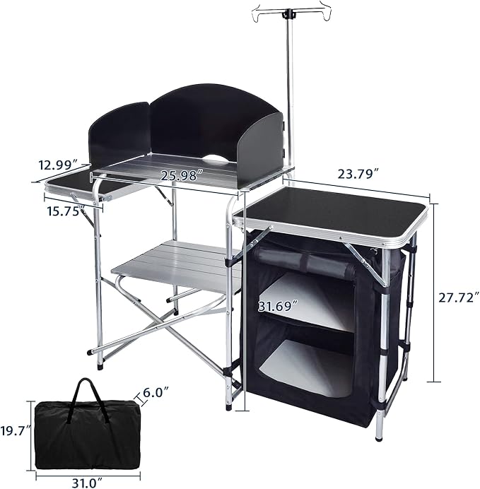CampLand Folding Camping Kitchen Table with Windscreen,Portable Outdoor Cooking Station with Storage Cabinet & Side Tables Heavy Duty Camp Cook Station for Camping & BBQ (Black) - Image 3
