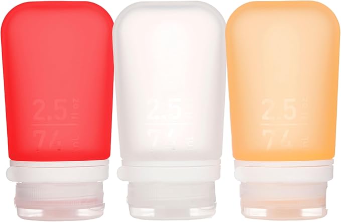 humangear GoToob+ 3-Pack, Medium (2.5 fl oz), Clear/Red/Orange | Refillable & Leak-Proof Silicone Travel Size Bottles with Locking Cap for Toiletries, Camping & TSA Carry-On by humangear