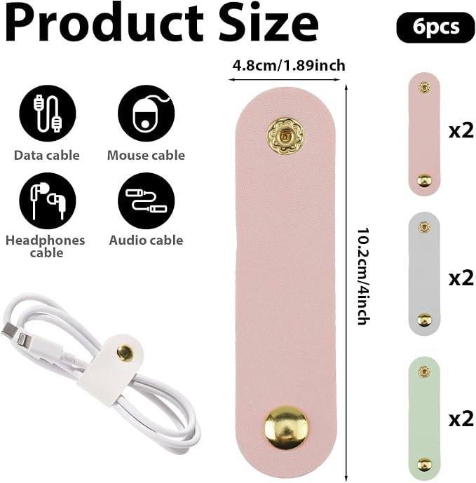 6pcs Leather Cord Organizer Reusable Cable Straps PU Leather Cable Organizer Phone Cord Ties Charging Cord Power Cord Headphone Travel Organizer USB Holder Multipurpose Cord Holder Snap Closure - Image 2