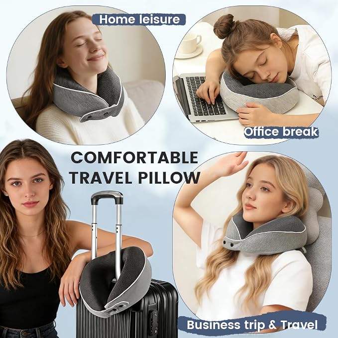 Memory Foam Neck Travel Pillow, Neck Pillow Airplane with Eye Mask & Ear Plugs, Designed for The Comfort of Travel & Office, Travel Pillow for Plane, Car, Home, Work， Grey - Image 6