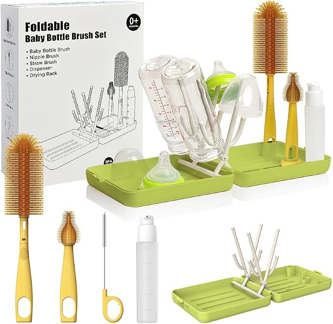 Travel Bottle Cleaner Kit with Foldable Bottle Drying Rack, Green | Auto-Open Rack & Vertical Brushs Drying Slots, 3 Silicone Brushes, Foldable Drying Rack, Dispenser, BPA Free. by YOTIME
