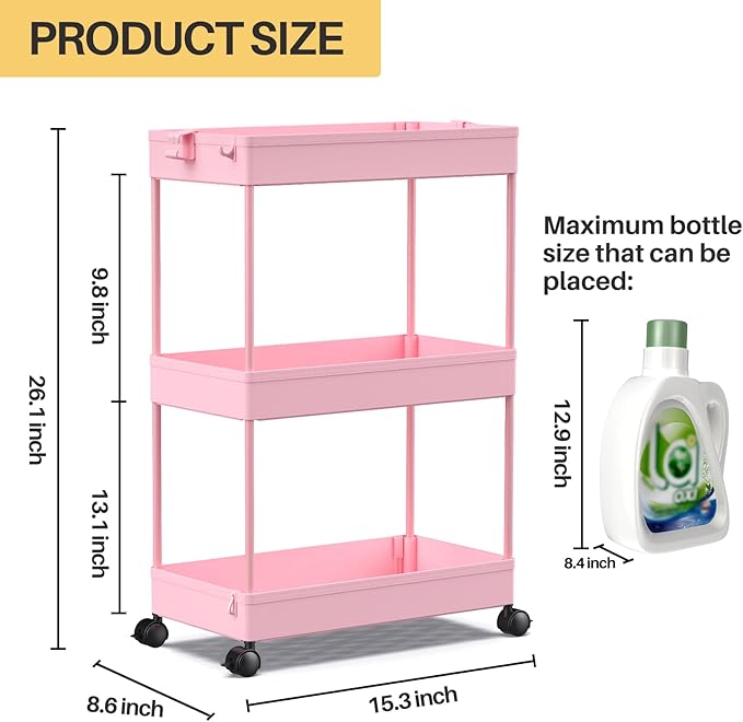 SPACEKEEPER 3 Tier Rolling Cart, Bathroom Cart Organizer with Wheels, Pink | Mobile Storage Cart for Laundry Room Organization,Kitchen,Office,Bathroom, Utility Cart for Snack,Craft,Art,Makeup,Nail,Toys - Image 4