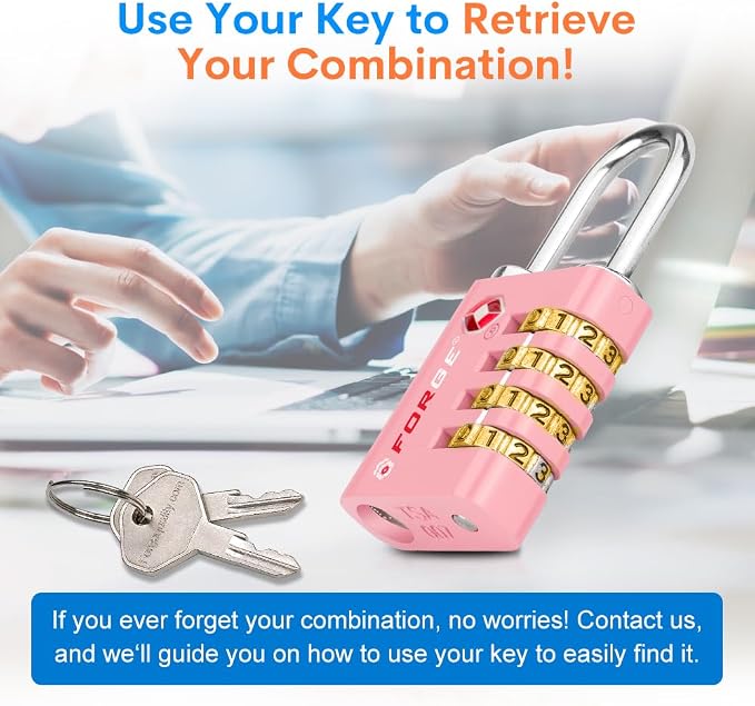 Forge Dual-Opening: Key or Combination Access Lock, TSA Approved Locks for Luggage, Pelican case, Travel, Gym, School, Stainless Steel Shackle. (Pink, 2 Pk) - Image 4