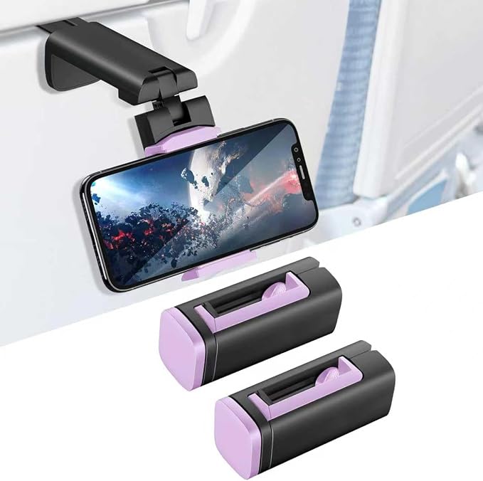 2 Pack Airplane Phone Holder, 360 Multi-Angle Adjust Mount | Universal Travel Essentials Phone Stand for Airplane Seat, Flying, Compatible with Phones for Hands-Free Viewing, Purple by Huogantom