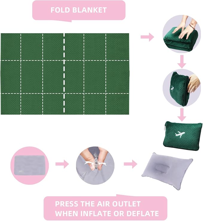 3 in 1 Travel Blanket Pillow Set - 350 GSM Thick Travel Blanket Airplane Compact with Bag, Soft Bag with a Pocket, Inflatable Travel Pillow for Camping & Car Trip (Dark Green) - Image 6