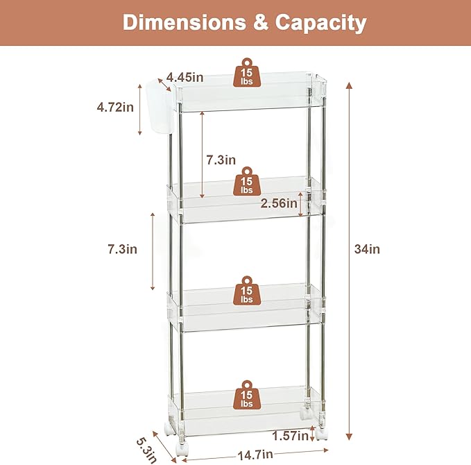 VECELO Acrylic 4-Tier Rolling Cart, Slim Utility Cart for Storage, Mobile Storage Cart with Lockable Wheels Hooks&Bucket for Office,Kitchen,Laundry Room Bathroom Living Room, Clear - Image 3