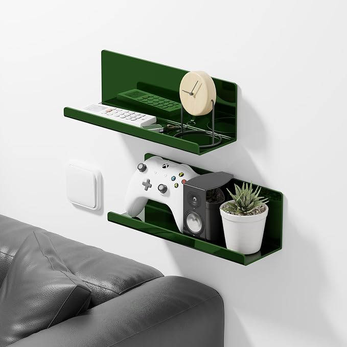 PAVSTINE Adhesive Floating Shelves for Wall No Drilling, 12 Inch Acrylic Self Adhesive Shelves, Stick on Shelves, Dorm Wall Shelf, for Bathroom, Kitchen, Bedroom, Office, Gaming Room, Green - Image 2