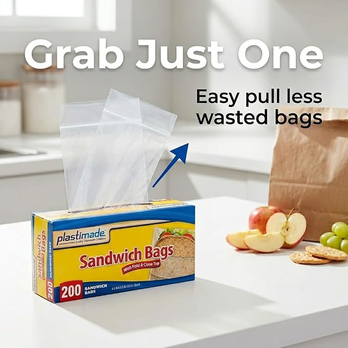 Sandwich Bags With Fold & Close Top (6.5 in X 5.5) in 200 Count Pack of 4 | Flip flap closure for school snacks, produce & portion control; no zipper design, easy open for kids, work & meal prep - Image 8