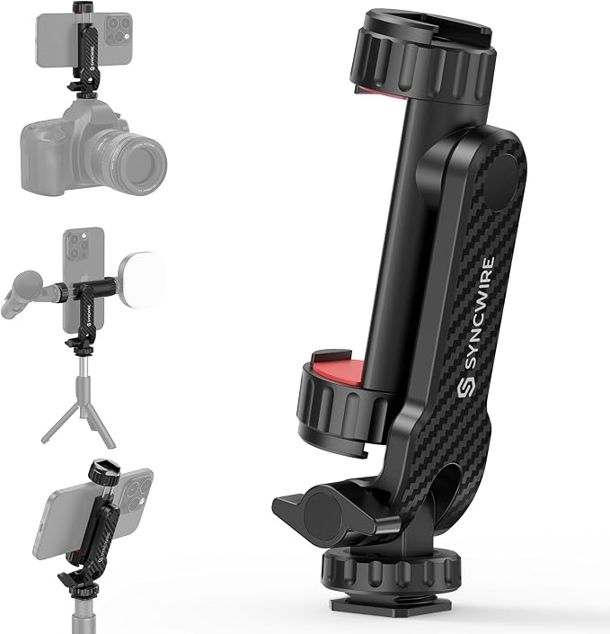 SYNCWIRE Tripod Phone Mount, Universal Smartphone Mount Adapter with 2 Cold Shoe and 1/4" Screw, 360° Rotates and 180° Tilts Adjustable Cell Phone Clamp Holder for Enhancing Mobile Photography Setup by SYNCWIRE