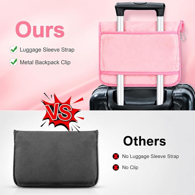 Travel Blanket and Pillow Set - Neck Pillow Airplane Essentials, Pink | Memory Foam, Sleep Mask, Earplugs with Bag, Fleece Soft Comfort for Long Plane Flight Traveling Car Road Trip Flying - Image 3