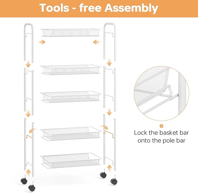 TOOLF 5 Tier Rolling Cart, Metal Utility Storage Cart with Wheels, White | 3 Hooks, Screwless Assembly, Trolley Organizer for Bathroom, Kitchen, Office, Nursery, Dorm, Laundry Room - Image 3