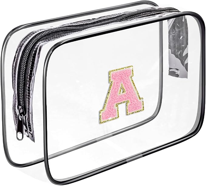 Clear Toiletry Bag,Portable Travel Toiletry Bag,Chenille Letter Cosmetic Bag with Zipper,Waterproof Makeup Bag,Cosmetic Storage Organizer for Women Men,Travel Essentials (Black,A) by Fodofodo