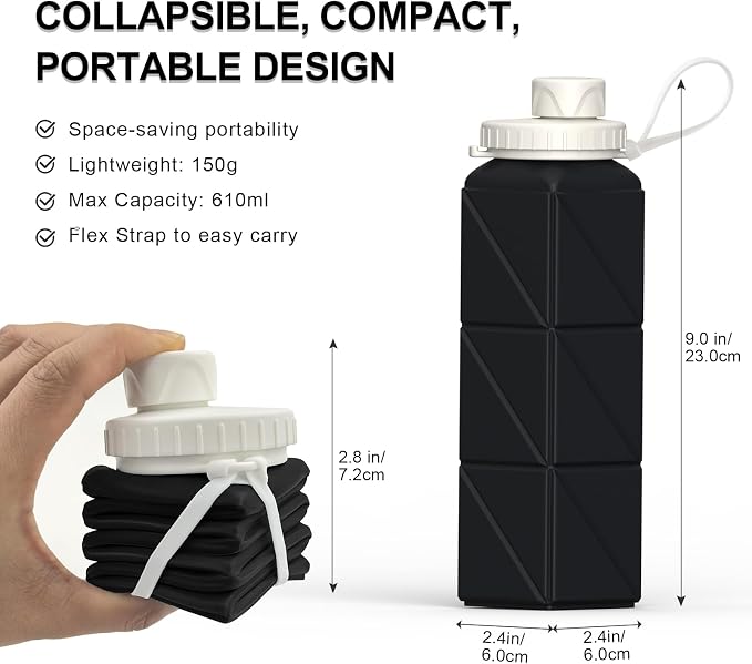 Collapsible Water Bottles 2 Pack, 21oz/610mL, Silicone Travel Water Bottle | BPA Free, Leakproof & Reusable, Foldable Portable Water Bottle for Traveling, Hiking, School, Sports, Outdoor (Black+Blue) - Image 3