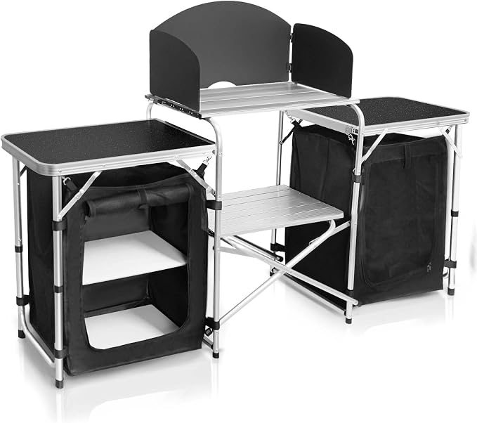 CampLand Folding Camping Kitchen Table with Windscreen,Portable Outdoor Cooking Station with Storage Cabinet & Side Tables Heavy Duty Camp Cook Station for Camping & BBQ (Black2cabinet) by CampLand
