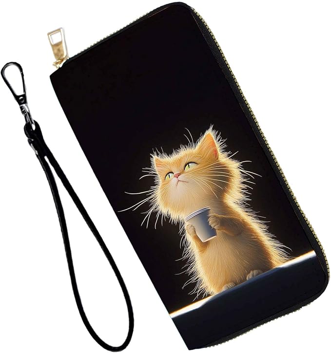 Women's RFID Blocking PU Leather Zip-Around Wallet, Large Capacity Clutch with Phone Holder, Travel Purse & Card Organizer with Removable Wristlet,Messy Cat Drink Coffee by Unknown