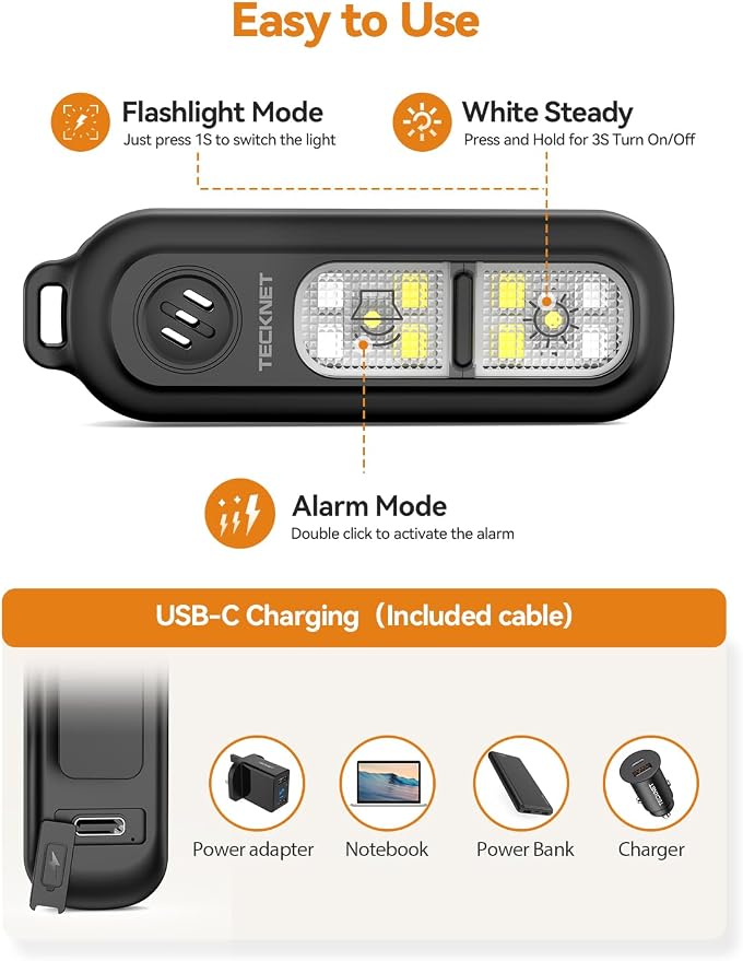 TECKNET Personal Safety Alarm 135dB with SOS Strobe Light for Women - Rechargeable& IPX4 Waterproof Running Lights with Clip On Torch & Low Battery Notice, Safety Siren for Travel Kids, Black - Image 4