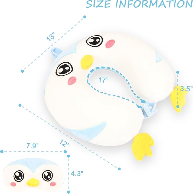 Sexysamba Cartoon Headrest & Neck Pillow for Kids Boys & Girls, Teens, Travel Accessories for Airplane, Car, Recline, Memory Foam Cute Travel Pillow with Sleep Eye Mask - Penguin - Image 2