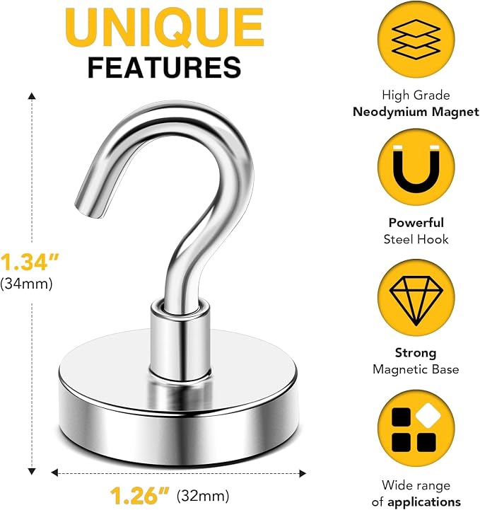 DIYMAG Magnetic Hooks, 120lbs 16pcs Cruise Cabin Essentials Heavy Duty N52 | Strong Neodymium Rare Earth Magnets, for Kitchen, Classroom, Beach, Cruise Cabins, Refrigerator, Hanging Key Clothes Wall Hat - Image 3