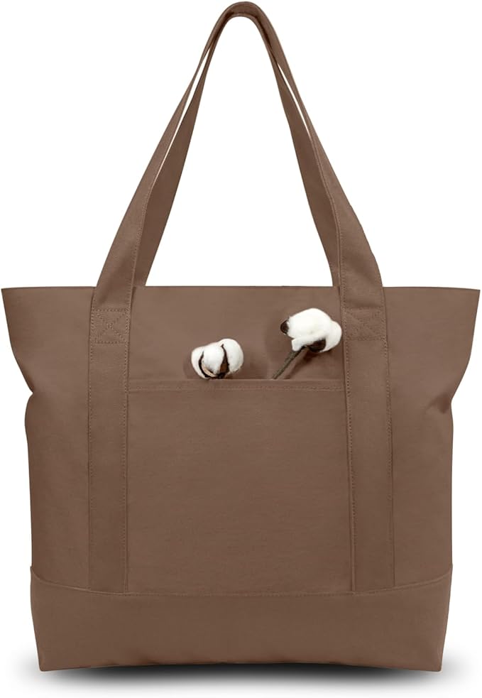 TOPDesign 3-Pack Canvas Tote Bags with an External Pocket, Reusable Grocery Shopping Bags, Top Zipper Closure, Daily Essentials (Brown) by TOPDesign