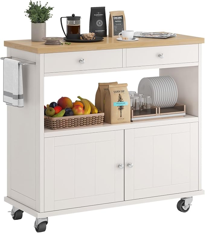 knoworld Rolling Kitchen Island with Storage Cabinet, 35.4'' Width Kitchen Cart, 2 Drawers Island Table, Portable Mobile Kitchen Island with Towel Rack, Wood Top and Lockable Wheels, White by KNOWORLD