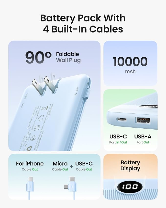 Portable Charger Built-in Cables and Wall Plug, 10000mAh Slim USB C Power Bank, LED Display External Battery Pack Compatible with iPhone/Android & More (Blue) - Image 2