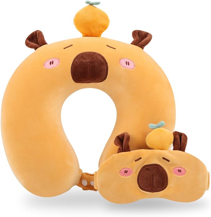 Travel Pillow, Kids Travel Pillow with Sleep Eye Mask Soft Memory Foam Kids Neck Pillow for Boys & Girls, Travel Accessories for Car Airplane Traveling - Capybara by MissSoul