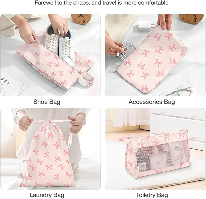 8 Set Packing Cubes for Suitcases,Suitcase Organizer with Shoe,Cosmetics,Clothing, and Accessories Bags for Travel Luggage Organizer Women Men(Pink Bows) - Image 5