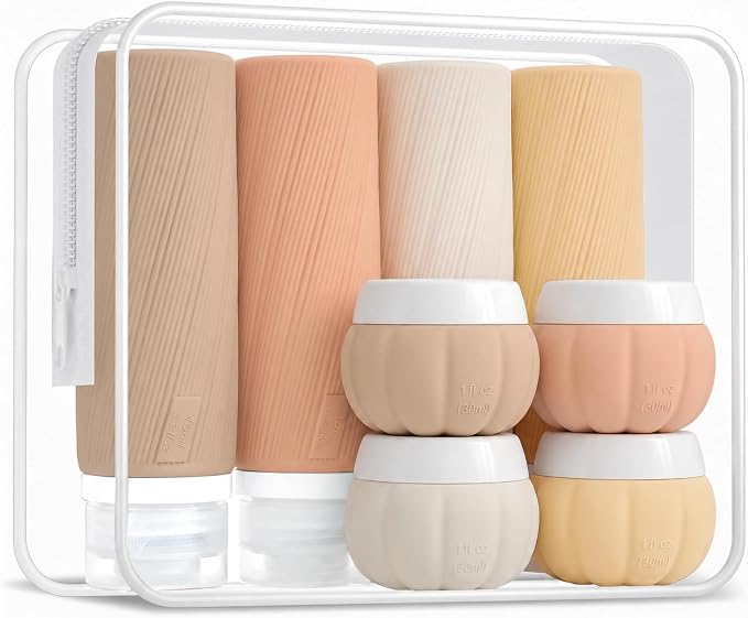 Redfly 13-Piece TSA-Approved Travel Size Bottles for Toiletries, Leak proof | Travel Size Containers, BPA-free silicone, clear toiletry bag, under 3.4oz, wide mouth,travel essentials for shampoo, lotion by Redfly