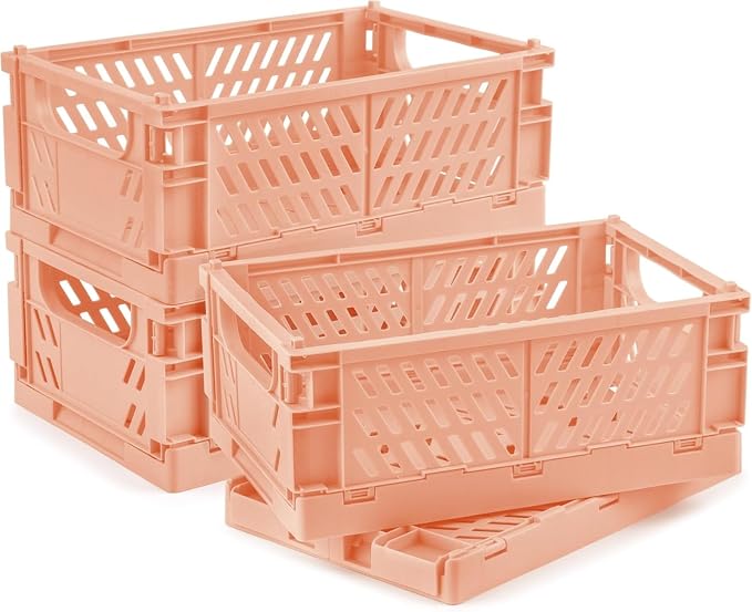 4 Pcs Collapsible Storage Crates, 10x5.9x4 inches Space-Saving Folding Containers, Stackable Plastic Boxes for Home Kitchen Office Bedroom Bathroom, Light Orange by Unknown